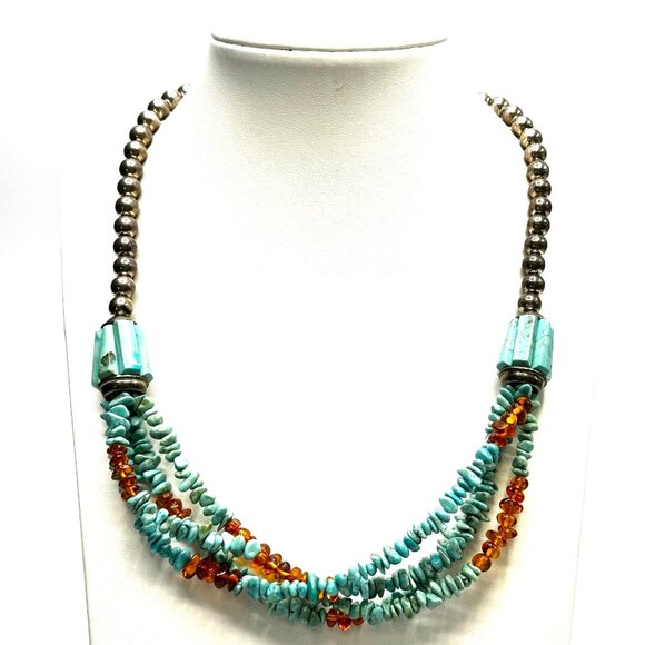 Vintage Navajo Four-Strand Turquoise and Amber Necklace w/Fluted Barrel Beads - Picture 5 of 14